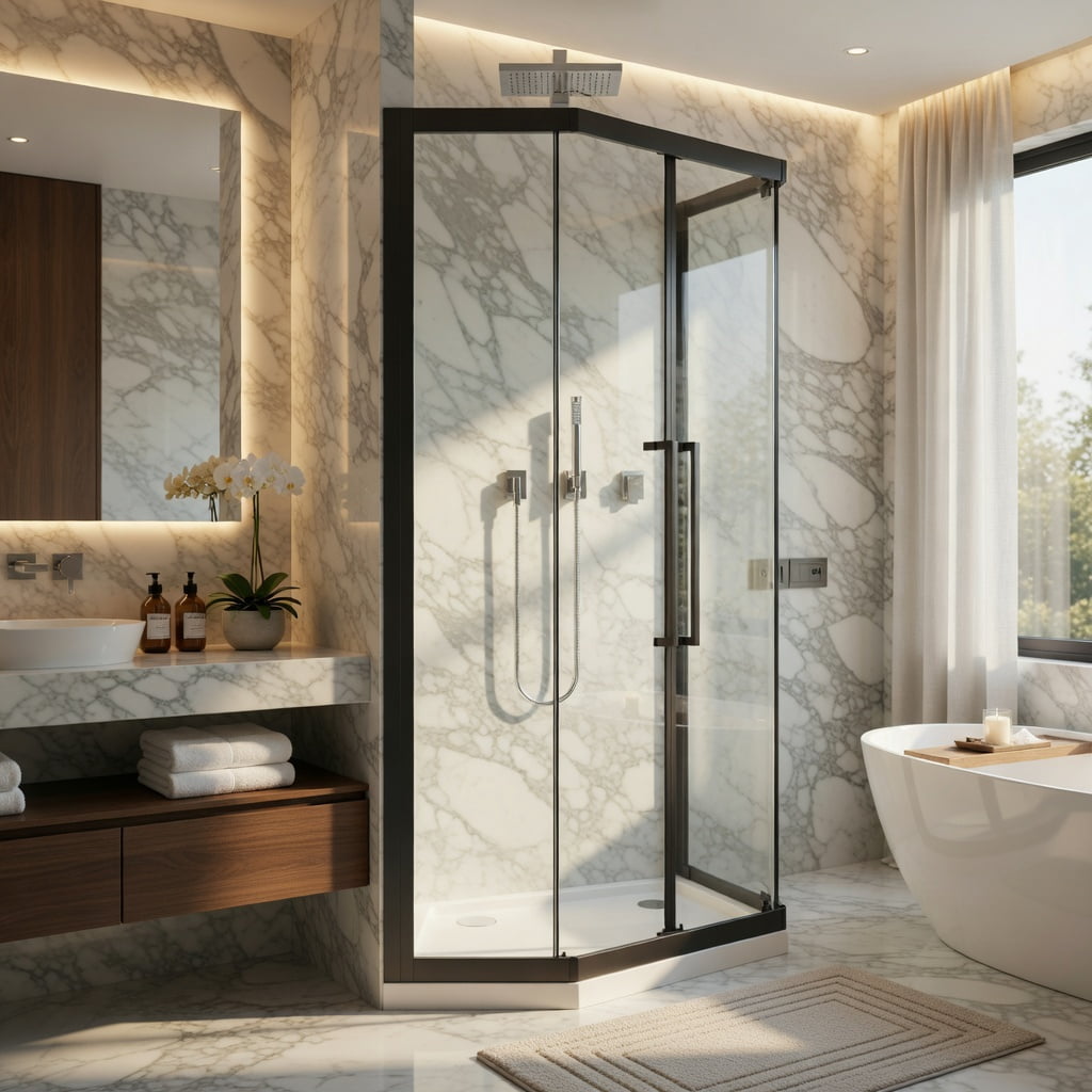 Hommoo Neo-Angle Sliding Shower Enclosure 36" x 72", 1/4" Clear Tempered Glass Diamond Shower Door, Dual Roller System & Stainless Steel Handles, Black & Transparent