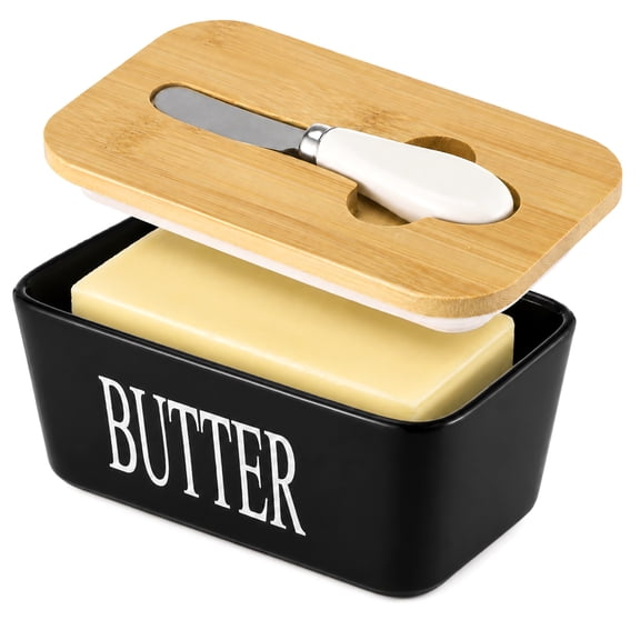 Butter Dish with Lid, 20.3 oz / 600 ml Ceramic Butter Dish with Airtight Wood Lid and Knife, Porcelain Container for Countertop or Fridge, 6.7 x 3.9 x 3.1 in, Black