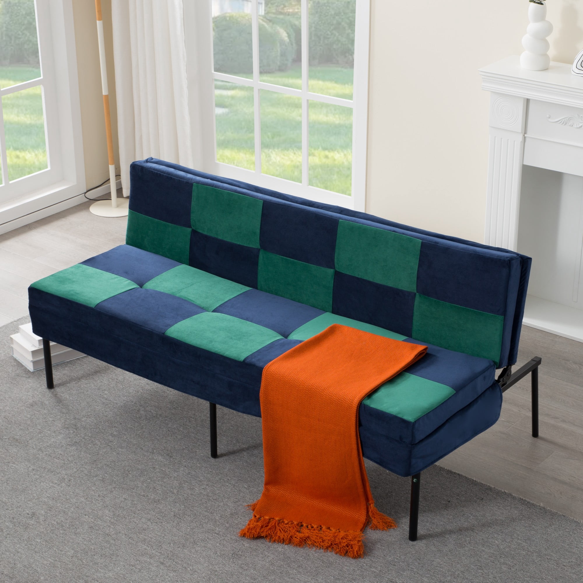 DEALTOPS 63" Checkered Velvet Futon, 2-in-1 Dual-Tone Convertible Sleeper Sofa with 5-Position Recline, Blue