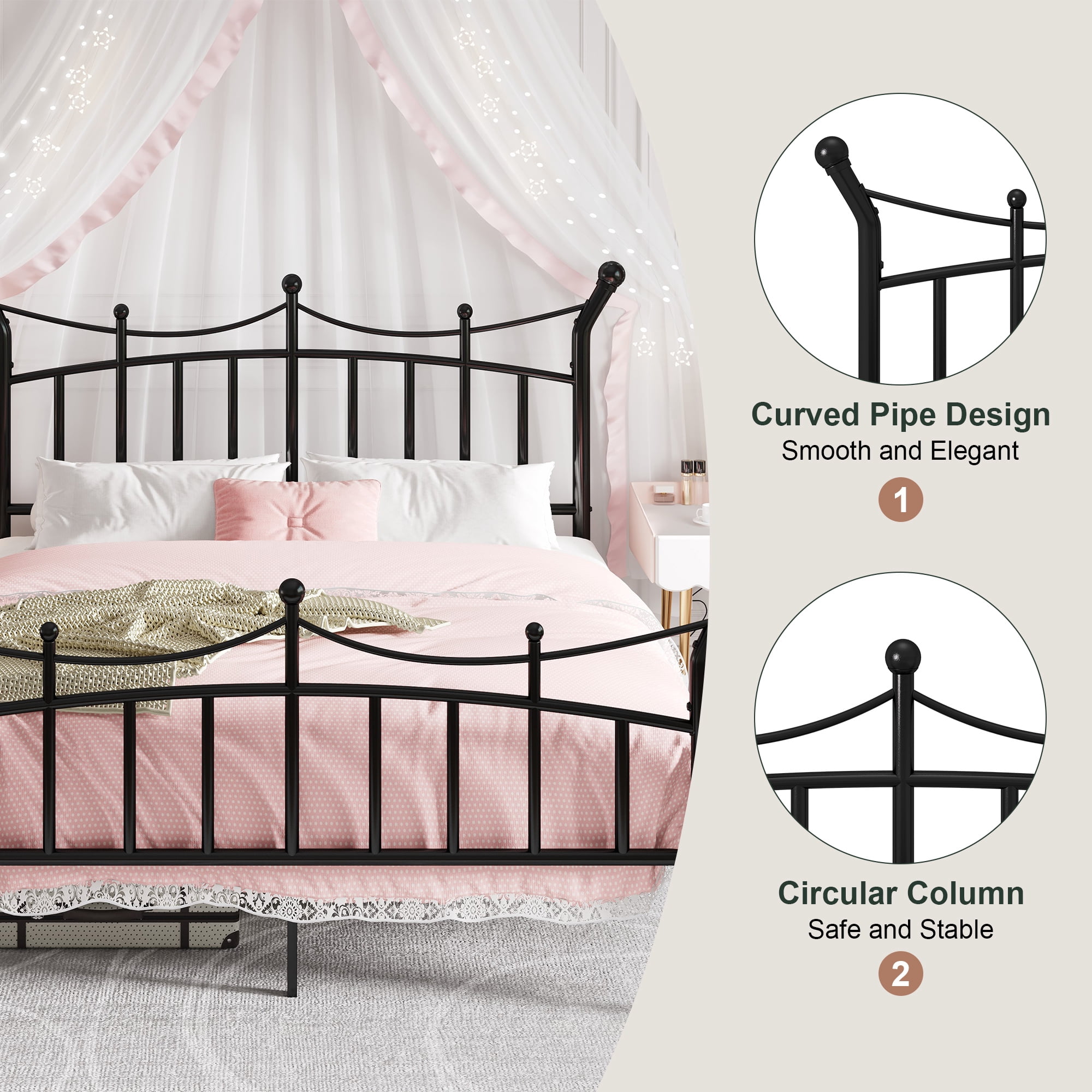 Amolife Full Bed Frame, Metal Platform Bed with Crown-Shaped Headboard and Footboard, 12.6'' Under-Bed Storage Space, No Box Spring Needed, Black