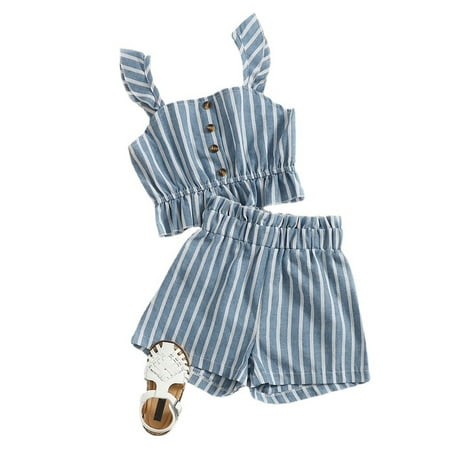 

Canrulo 2PCS Kids Girls Striped Square Collar Sleeveless Pullover Short Cotton Pants Dusty Blue 1-2 Years