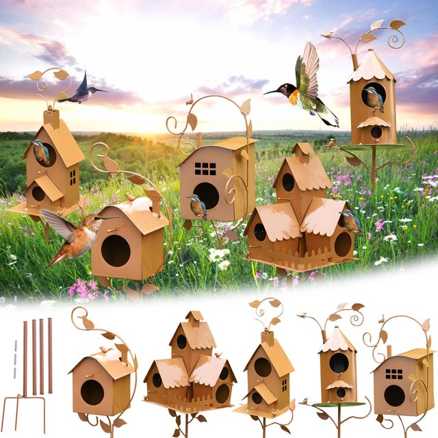 Fiudx Casita de Pájaros de Metal, Estructura Robusta a Prueba de Óxido, Diseño Desmontable, Fácil de Montar, Decoración de Jardín Exterior, Decoración de Patio, Regalo Perfecto para Amantes de Las Av