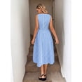 thumbnail image 2 of Blue And White Gingham Boat Neck Sleeveless A-Line Midi Dress, Woven Fabric, Relaxed Casual Elegant Style, 2 of 5