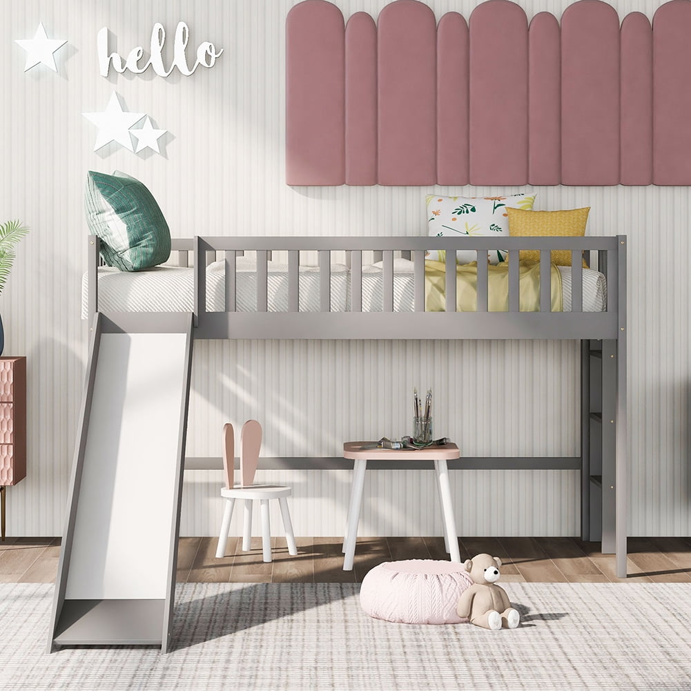 Kadyn Twin Size Low Loft Bed with Ladder and Slide, Gray