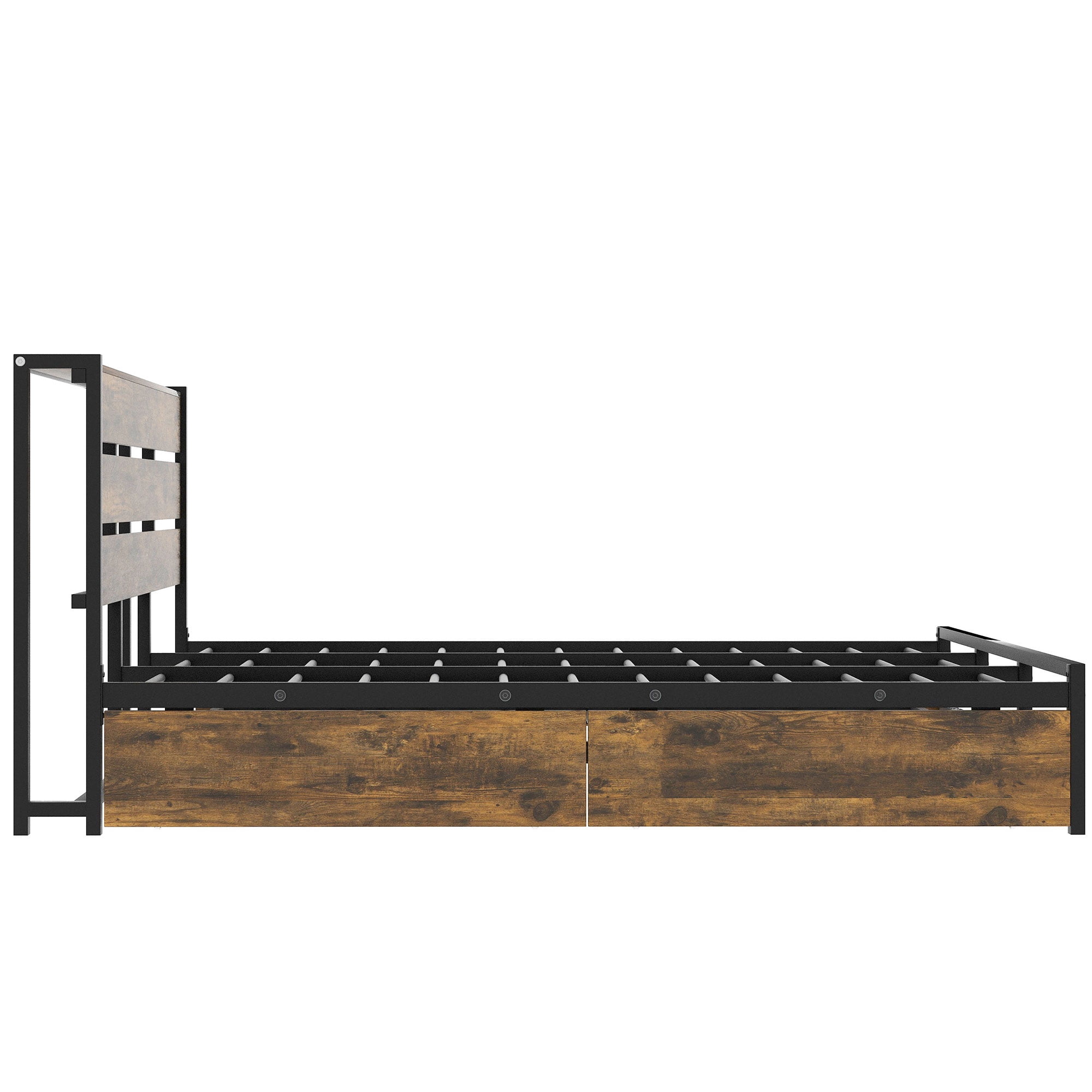 Euroco Wood Metal Queen Size Platform Bed with Functional Headboard, 4 Storage Drawers, Charging Station and USB Ports, Black
