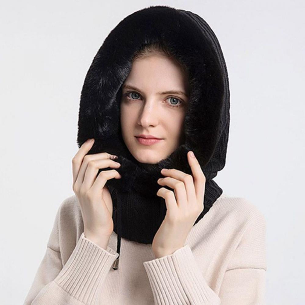 Winter Women Knitted Hood Ski Mask Faux Fur Scarf Neck Warmer Fleece Lined for Outdoor Sports