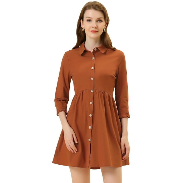 INSPIRE CHIC Robe-Chemise Mini Évasée pour Femmes à Manches 3/4 Boutonnée devant
