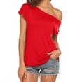 thumbnail image 2 of iHengLiXing Boat Neck Off Shoulder Tops for Women Women's Casual Off Shoulder Tops Short Sleeve T Loose Summer Blouse Shirt Red L, 2 of 8