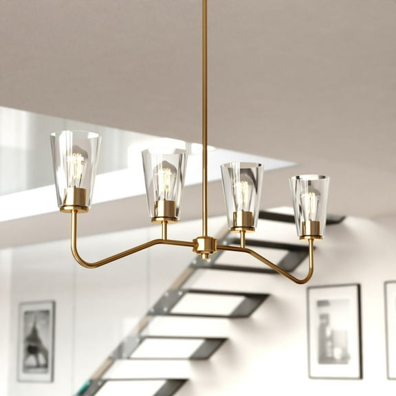 Beverly 4 Light Gold Brass Linear Chandelier Island Pendant Fixture Clear Glass Shade, LED Compatible