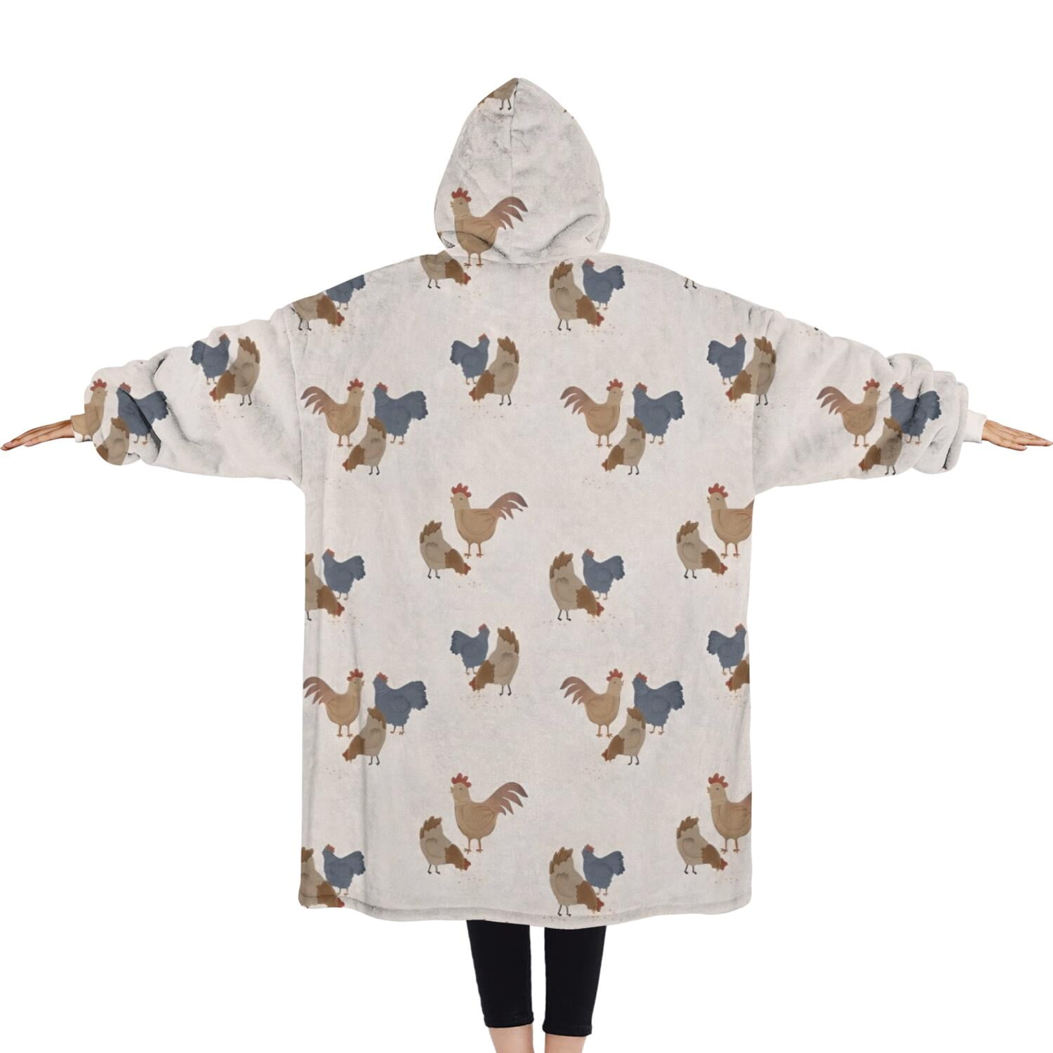 Oversized Wearable Blanket Hoodie,Beige Chicken Group Pattern Sherpa Blanket Hoodie with Super Pockets,Super Warm Fuzzy Pullover for Women & Men