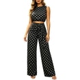 thumbnail image 4 of Women 2 Piece Summer Polka Dot Matching Outfit Set, Sleeveless Crop Top Tie Waist High Rise Wide Leg Pants Slim Fit Casual Vacation Tracksuit Black M(M), 4 of 6