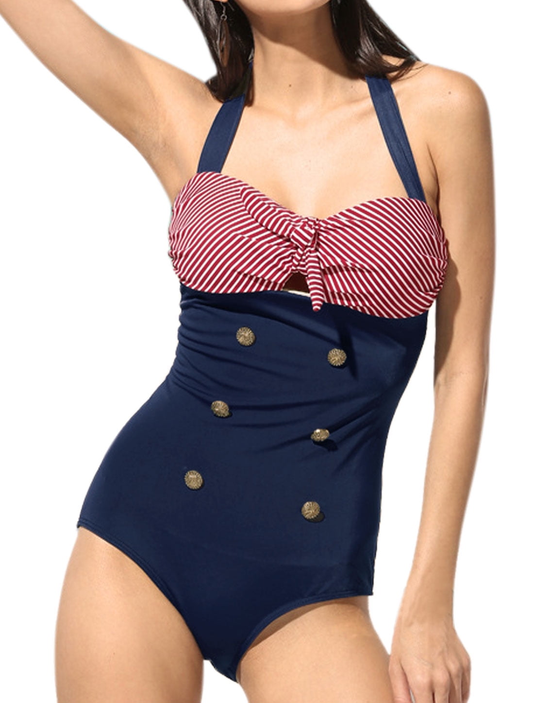 Women Vintage One Piece Swimsuit US 14 Red Striped Bow Slim Bathing 