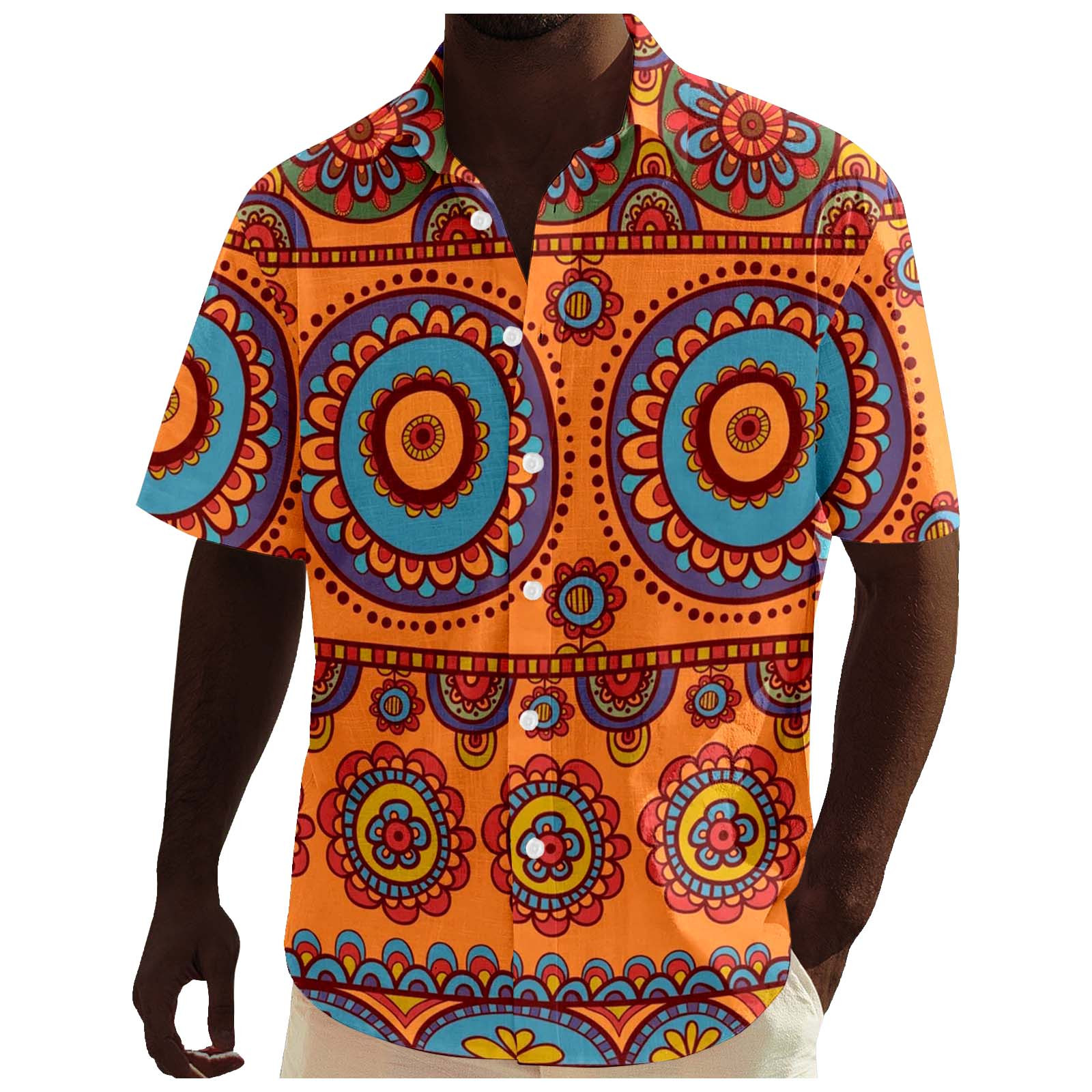 Chemise Homme Manches Courtes Style Africain Dashiki - Imprimé Fleuri Ankara - Vacances, Plage, été - Tissu Léger Polyester