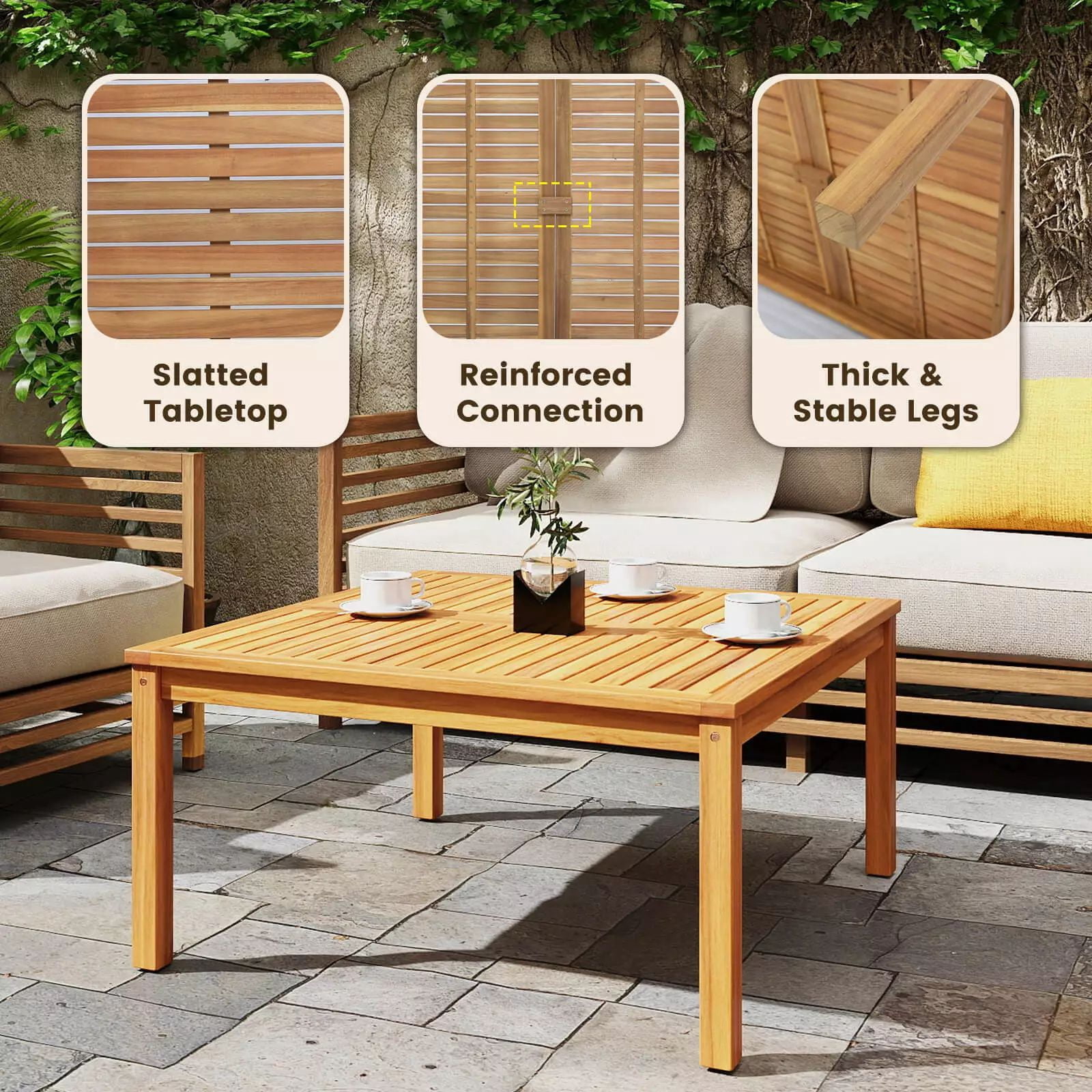 Harmijoy Outdoor Coffee Table, Acacia Wood Patio Table with Slatted Tabletop, Square Coffee Table for Outside Balcony, Garden & Poolside, Natural