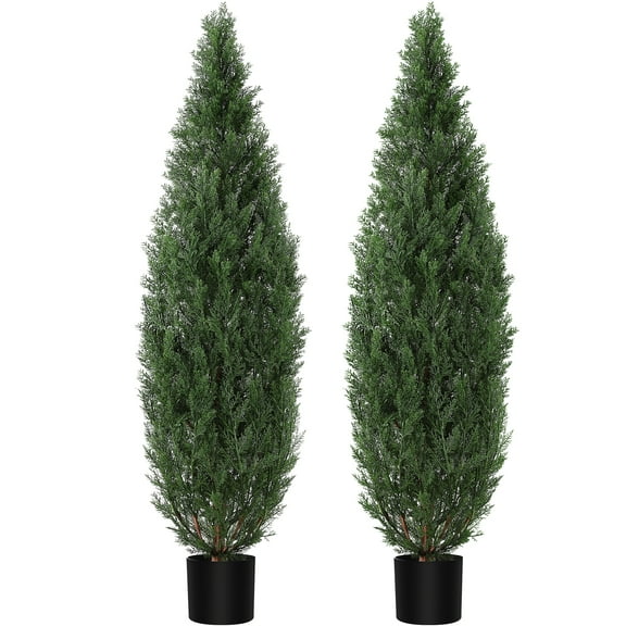 Artificial Topiary Cedar Trees 5FT Tall 2 Set, Outdoor Indoor Faux Pine Shrubs Plants, Realistic Fake Plants Front Porch Decor, Artificial Bushes Cypress for Home Front Door Offices