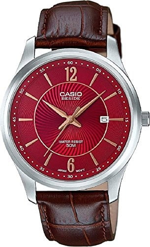Men's BESIDE BEM-151L-4AVDF Brown Leather Watch RED Dial - Walmart.com
