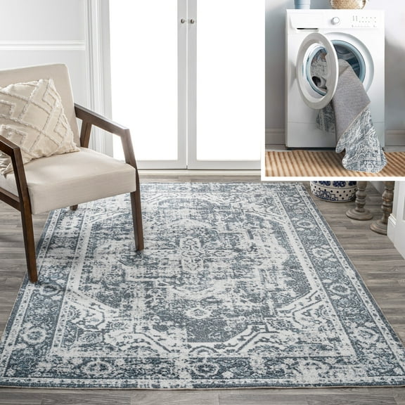 JONATHAN Y WASHABLE 5 x 8 Area Rug, Keesha Bold Distressed Medallion - Cream/Blue, WSH316B-5
