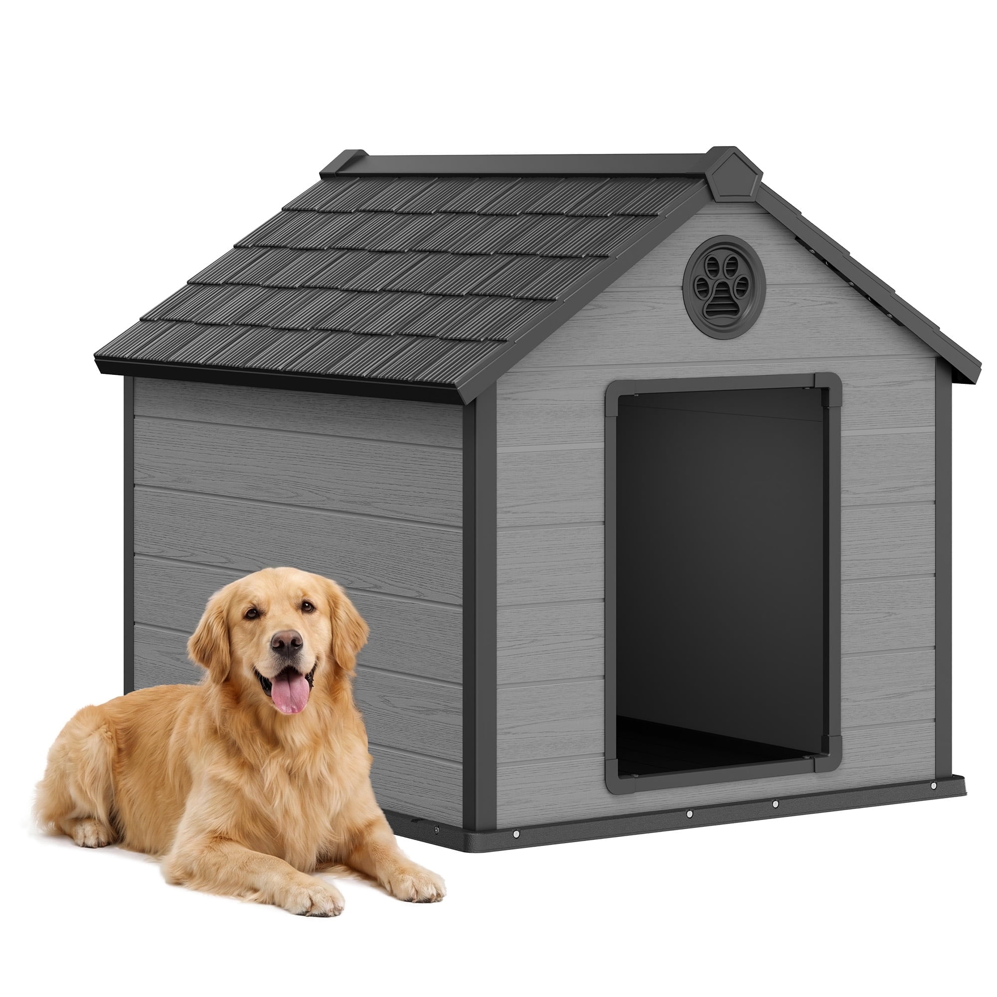 Nihsuao Waterproof Outdoor Dog House for Medium to Extra Large Dogs, Durable Resin Kennel with Air Vents and Elevated Floor, Easy Assembly, Black