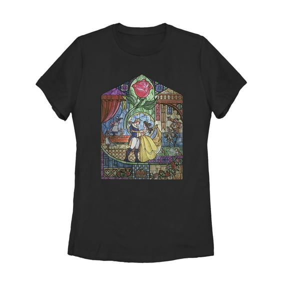Women's Beauty and the Beast Stained Glass  T-Shirt - Black - Medium