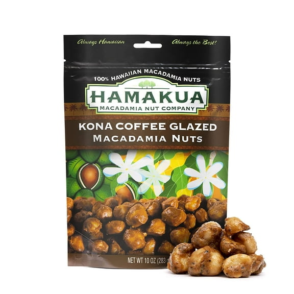 Hamakua Macadamia Nuts - Sweet Glazed Kona Coffee - Hawaiian Grown Flavored Dry Roasted Half and Whole Macadamias - Natural Eco-Friendly Large Macadamia Nuts