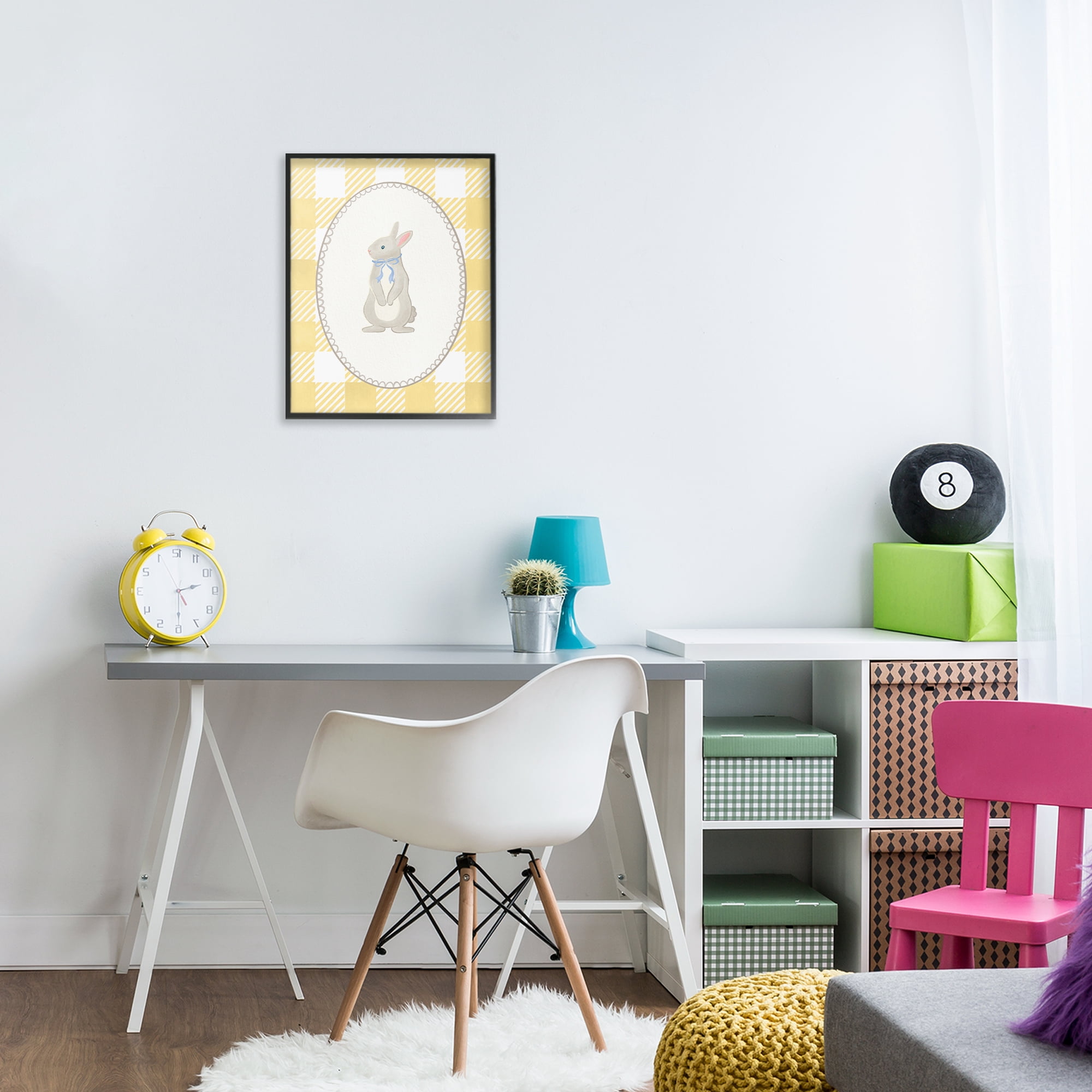 Stupell Industries Little Bunny on Yellow Gingham Black Framed Giclee Art, design by The Paper Curator