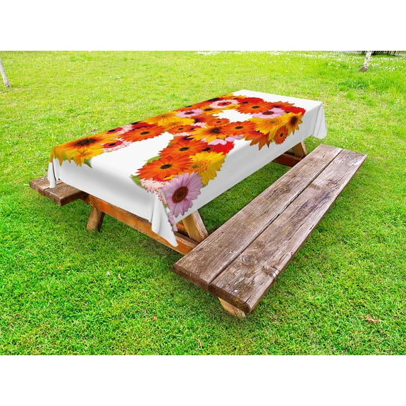 Letter R Outdoor Tablecloth, Gerbera Daisies Abloom in R Symbol Shape Summer Time Flowers Spring Bouquet Print, Decorative Washable Fabric Picnic Tablecloth, 58 X 104 Inches, Multicolor, by Ambesonne