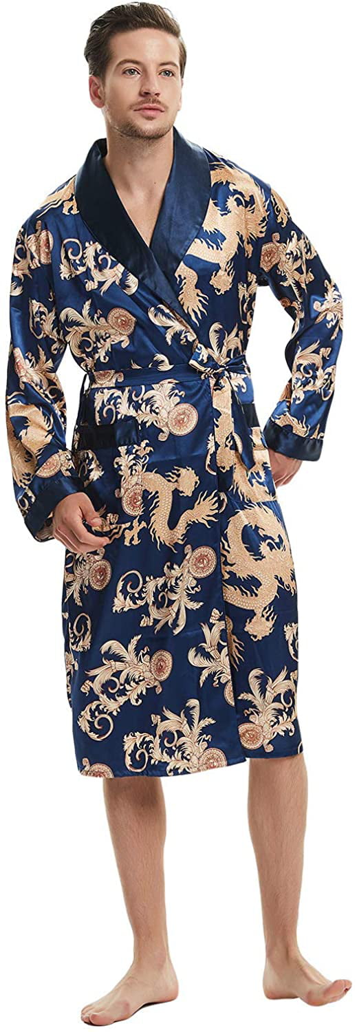 Men's Satin Robe Paisley Luxurious Silk Spa Long Sleeve House Kimono  Bathrobe (Khaki，L)