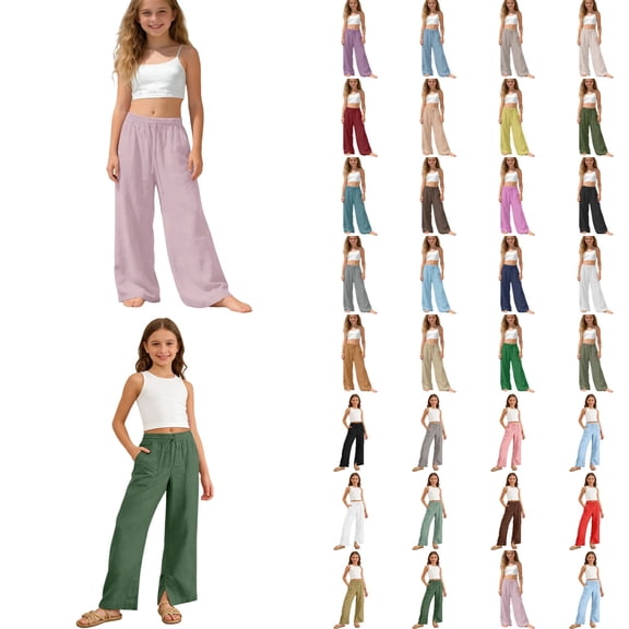 sususu Girls Linen Pants Wide Leg Cozy Elastic Waist Flowy Casual Pants Summer Beach Cropped Trousers with Pockets 10-11 Years Purple