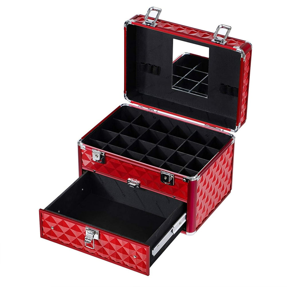 Cosmetic Case, Makeup Train Case with 24 Compartments Nail Polish Storage Holder and 1 Drawer