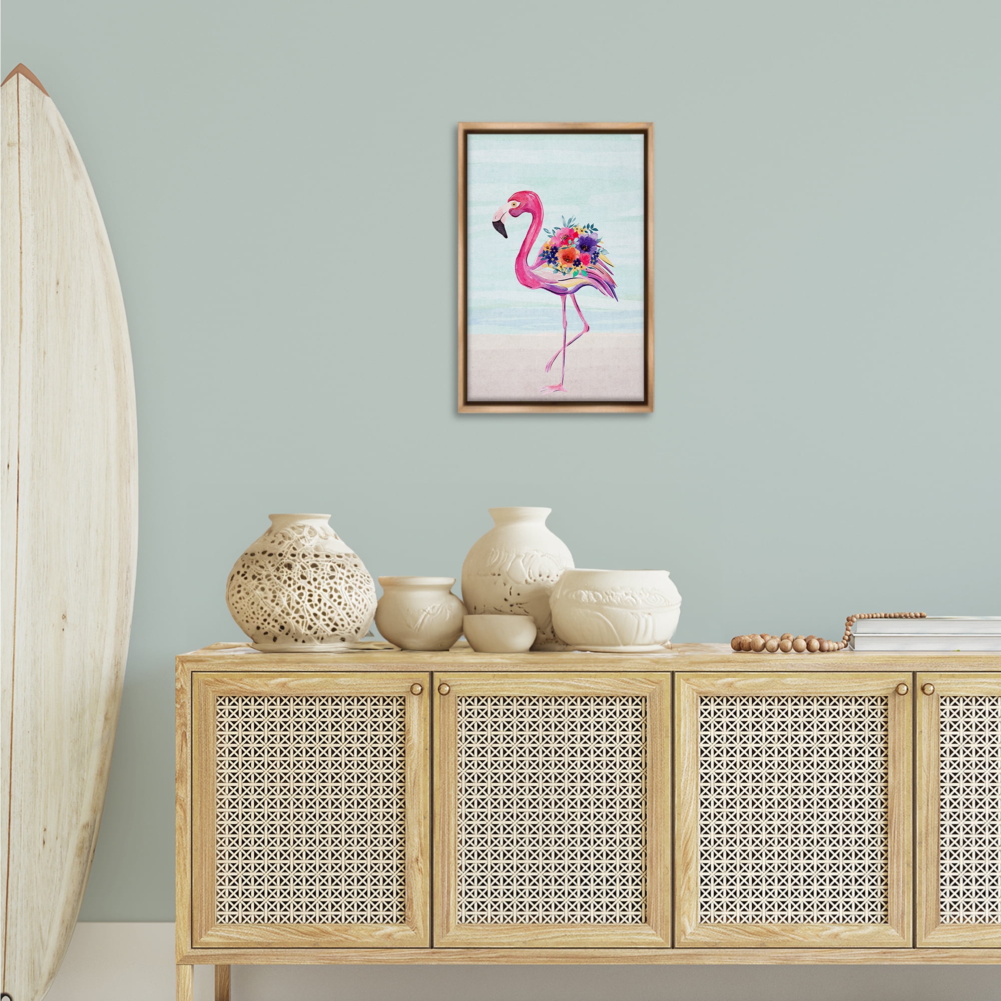 Stupell Industries Floral Flamingo Beach Plants & Flowers Painting Brown Floater Framed Canvas Art Print Wall Art, 17 x 25