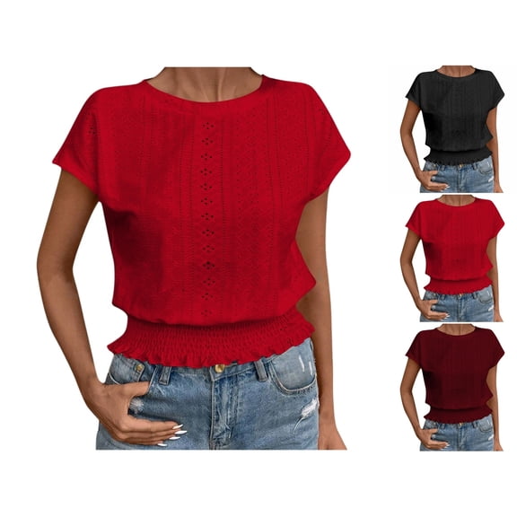 Banded Bottom Tops for Women Eyelet Short Sleeve Smocked Elastic Waist Blouse Casual Crewneck Date Night Outfit