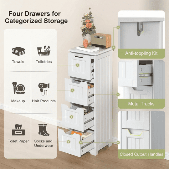 Aiho Wooden Bathroom Floor Cabinet, Side Storage Organizer with 4 Drawers - White