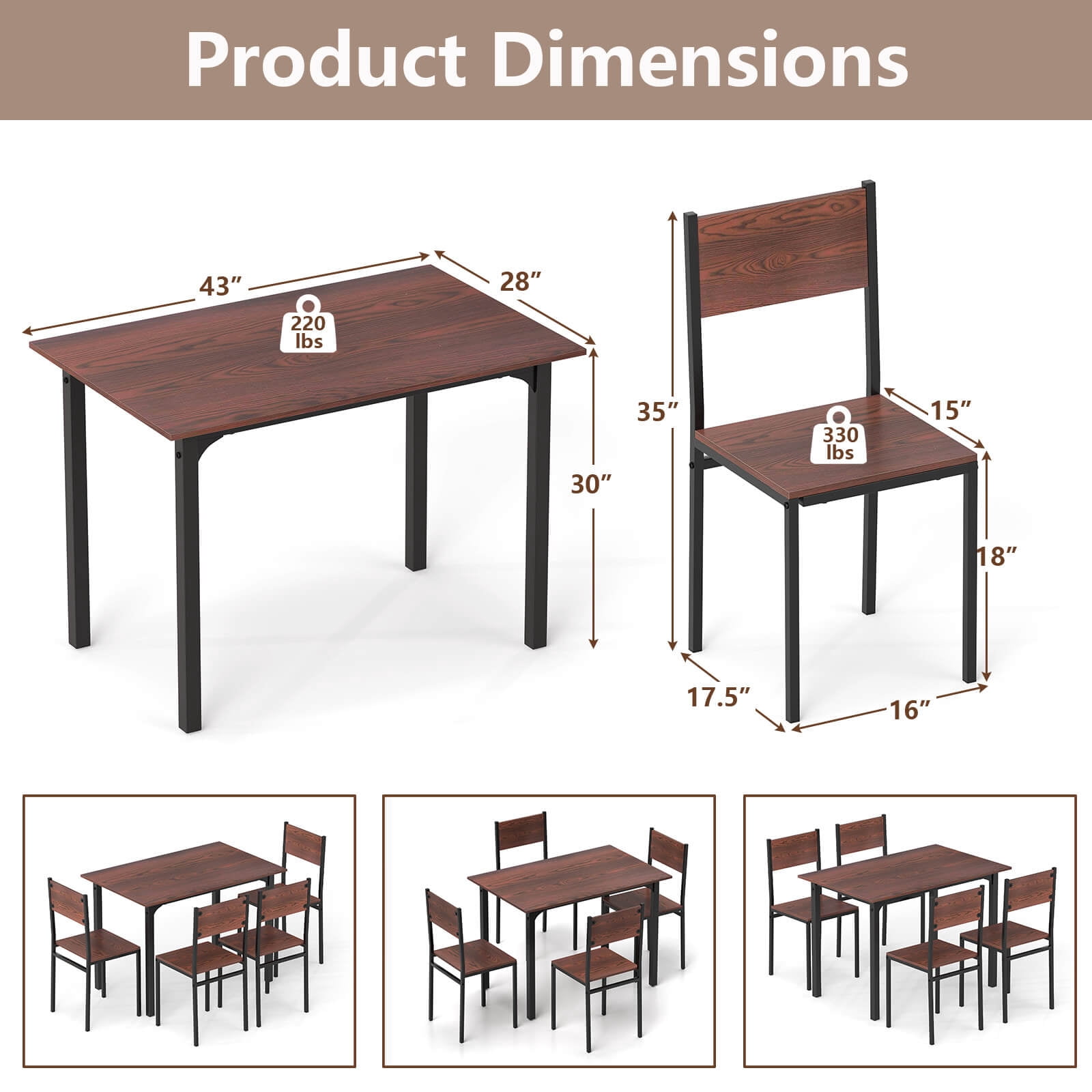 Costway 5 PCS Dining Table Set Industrial Style Kitchen Table & Chairs for 4 Dark Brown