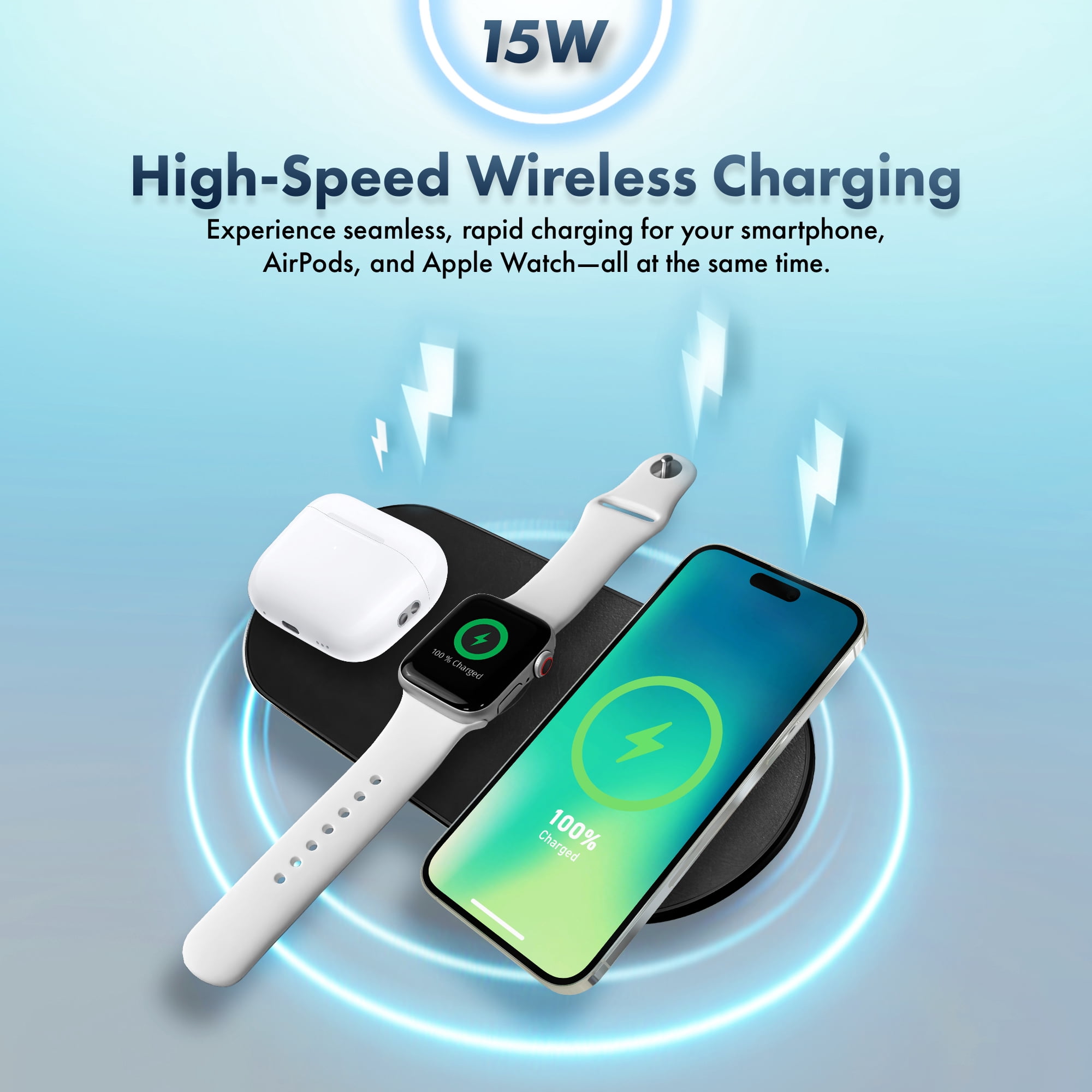 MVMT 15W Wireless Charging Pad Premium Vegan Leather 3-in-1 Fast Charger for Phone, AirPods & Apple Watch