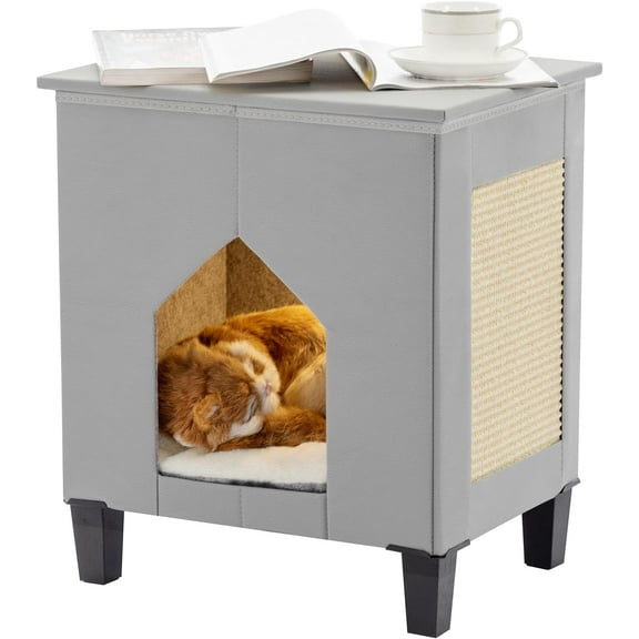 Cat House for Indoor Cats Condo,Cat Furniture with Large Area Cat Scratch Pad Cat Hideaway Cave,Leather Cat Bed Side Table & Nightstand for Living Room and Bedroom Decoration,Grey