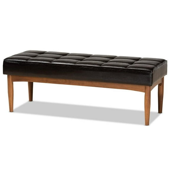 Bowery Hill Wood Dining Bench in Faux Leather Brown Finish