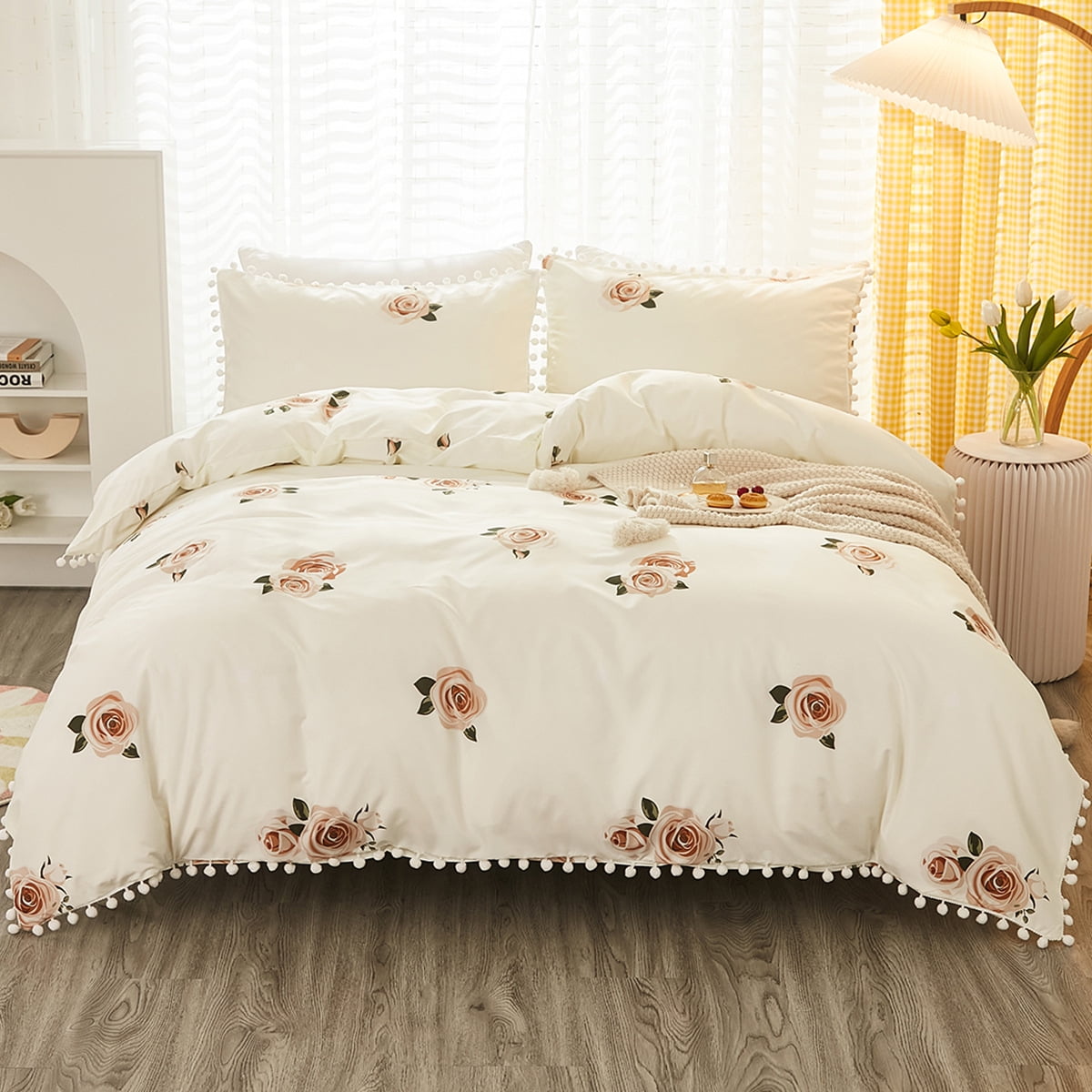 Bedding Pink roses Duvet Cover White Set with Small Ball Edge Full Size