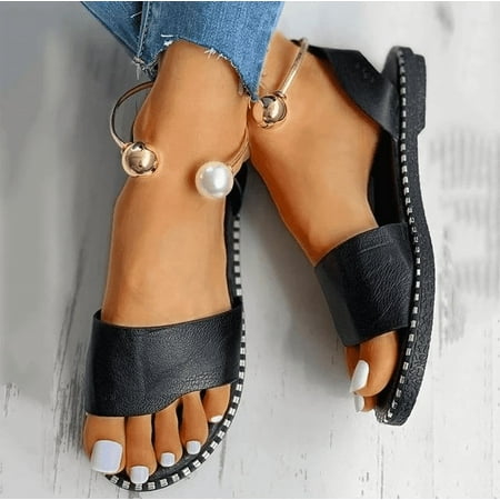 

HOLXI 2024 Women s Pearl Decor Clear Straps Open Toe Flat Sandals Leather Outdoor Beach Sandals