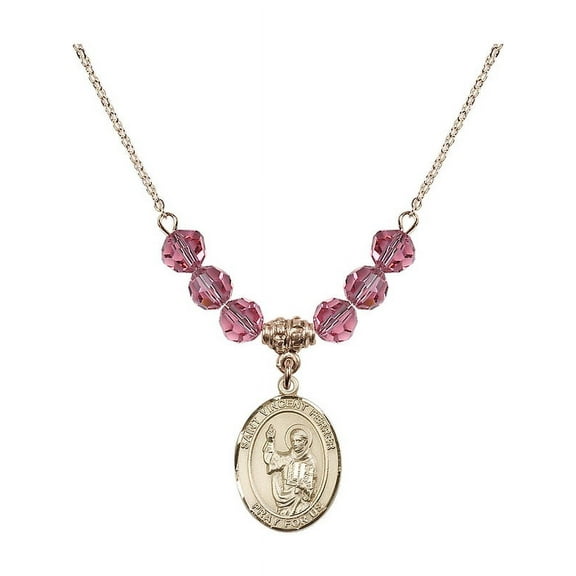 18-Inch Hamilton Gold Plated Necklace with 6mm Rose Pink October Birth Month Stone Beads and Saint Vincent Ferrer Charm
