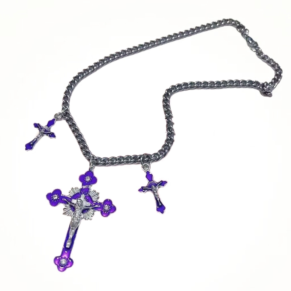 Pink Cross Pendant Necklace Cool Y2K Goth Jewelry Rainbow-Cross