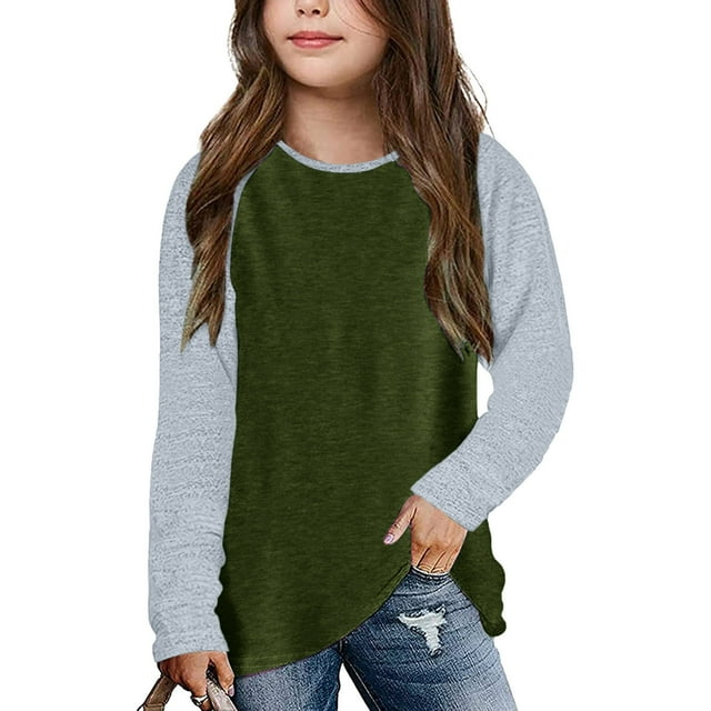 Girls Casual Long Sleeve Raglan Tops for Kids - Crewneck Tunic Tees with Color Block Design Soft Tops for Spring