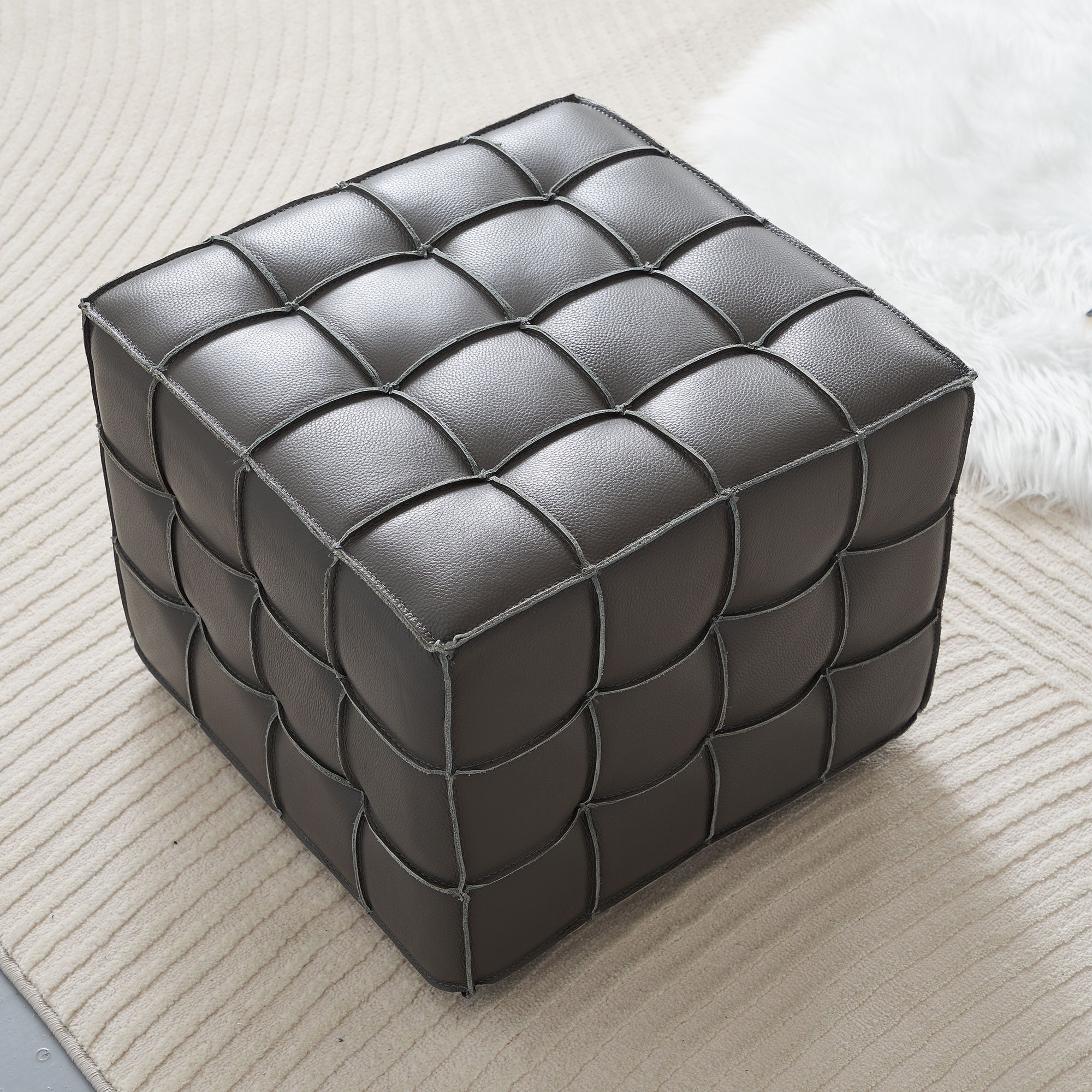 17.32''W Genuine Leather Tufted Ottoman,Footstool for Living Room & Bedroom,Grey Color