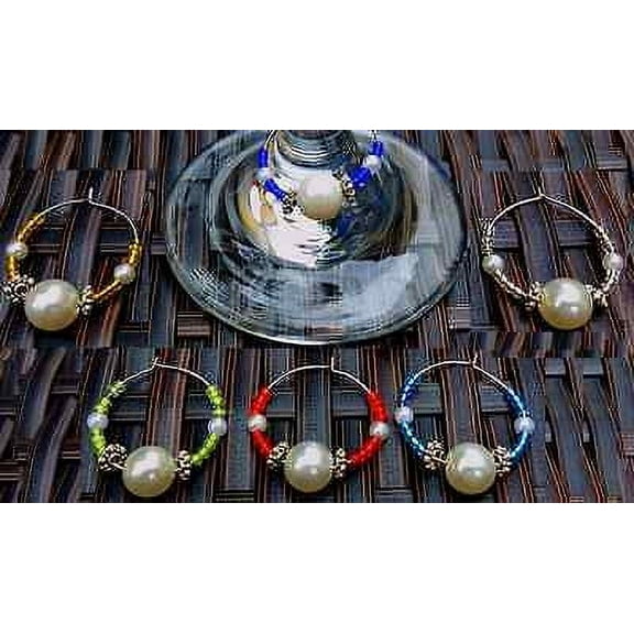 Wine Glass Drink Charms Markers Crystal Pearl Decor Handmade Set of 6