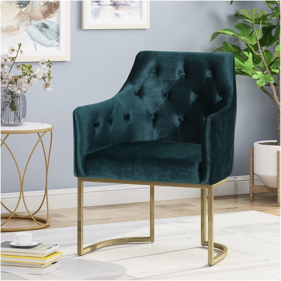 JERFIT Modern Glam Velvet Accent Chair with Button Tufting, Upholstered Club Chair for Living Room, Teal Blue Luxury Sofa Chair