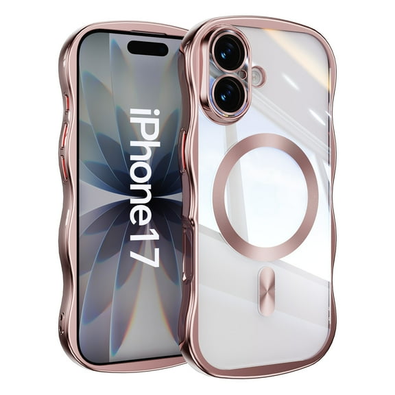 Allytechgroup for iPhone 17 Case Magnetic, Compatible with Magsafe Clear Back Cover Wave Curly Stylish Frame Case for Women Men Lightweight Flexible TPU Case for iPhone 17, Pink