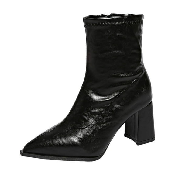 Xfvqtps Womens Boots Mid Calf Side Zipper Pointy Toe Chunky Mid Heel Leather Fashion Casual Ankle Boots Black