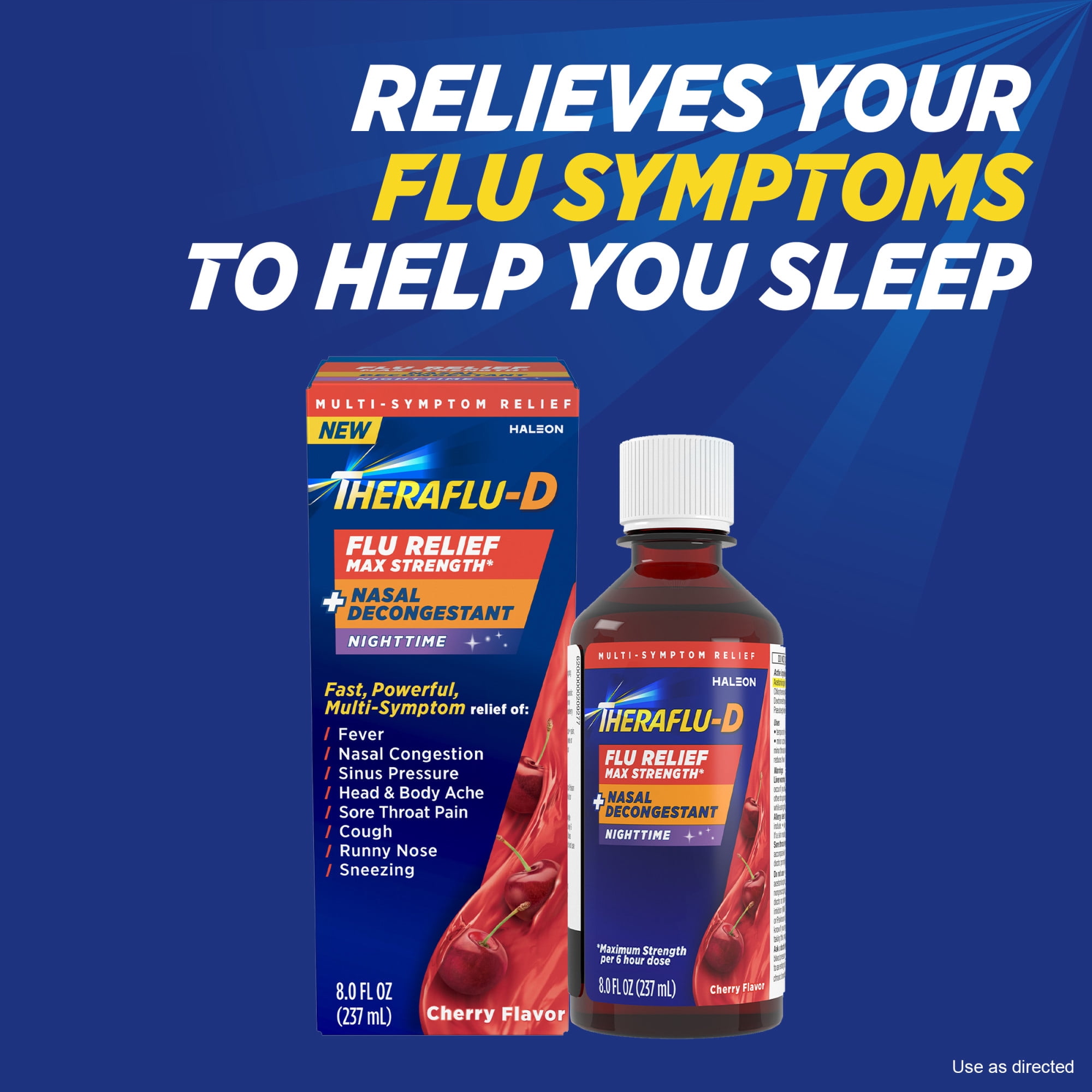 Theraflu-D Flu Relief Max Strength Syrup, Nighttime Medicine, Cherry Flavor, 8 Fl Oz Bottle