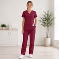 thumbnail image 7 of Scrubs for Women Set Medical Uniform Stretch Short Sleeve Vneck Top & Straight Leg/Jogger Pants with Mutli Pockets Wine,XXL, 7 of 7