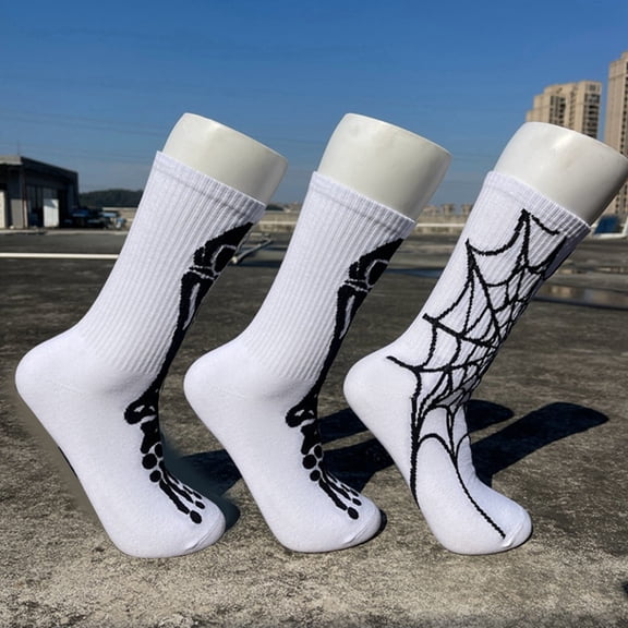sunsanly 1 Pair Halloween Socks Spider Wet Skull Skeleton Print Color Matching High Elasticity Anti-slip Unisex Sport Sweat-Absorbent Basketball Football Long Stockings