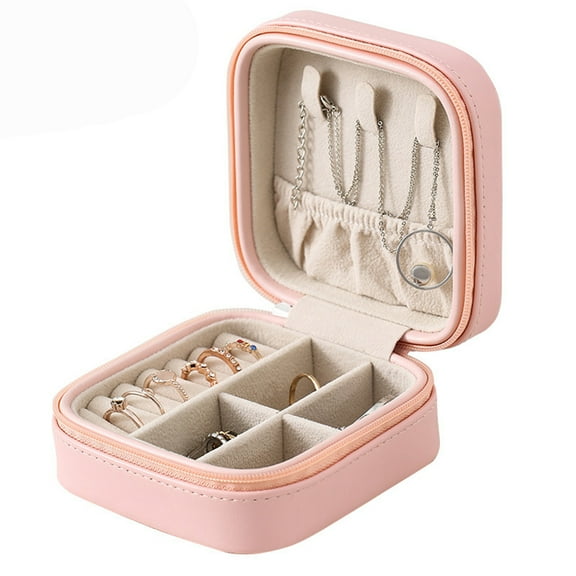 JUNWELL Mini Jewelry Box for Travel Organizer Storage,Portable Leather Case Display for Rings Earrings Necklace Accessories,Gifts for Girls Women,Pink